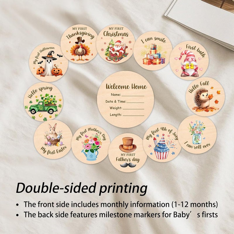 MCIAONE Baby Monthly Milestone Cards Rabbit - 13 Double Sided My First Holiday Milestone, Bunny Babies Shower Signs, Hello World Newborn Sign 1-12 Months for Photo Props, Welcome Baby Announcement Sign - Image 5